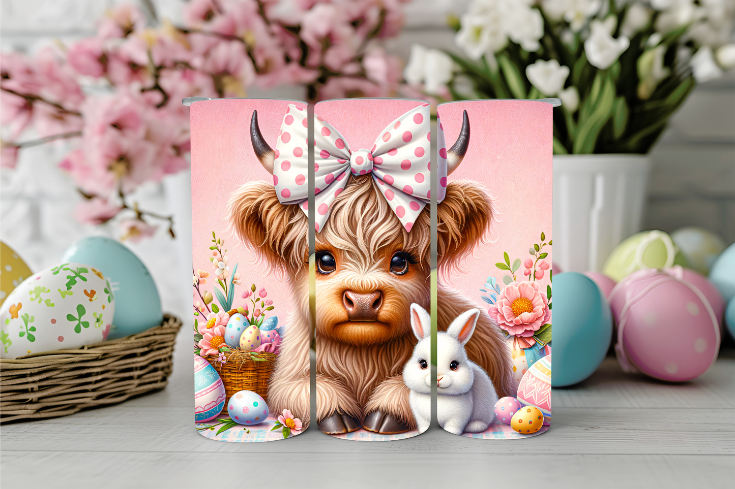 Pink Easter Highland Cow Tumbler