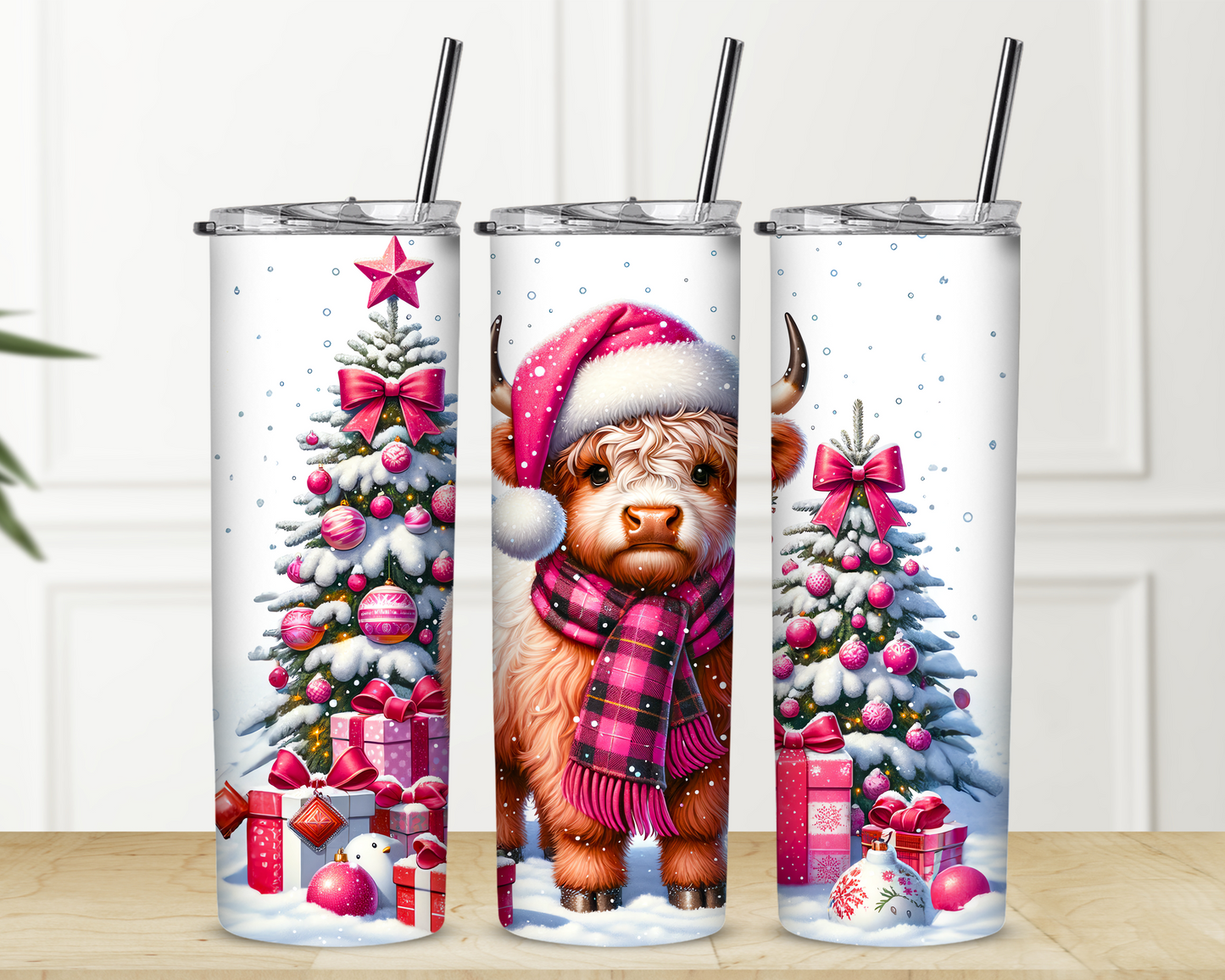 Pink Highland Cow Christmas Sublimation Tumbler