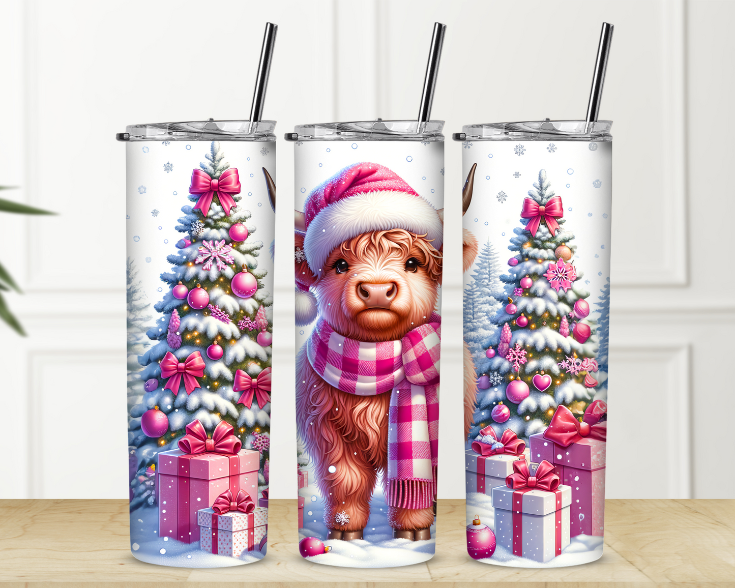 Pink Highland Cows and Duo Trees Christmas Sublimation Tumbler