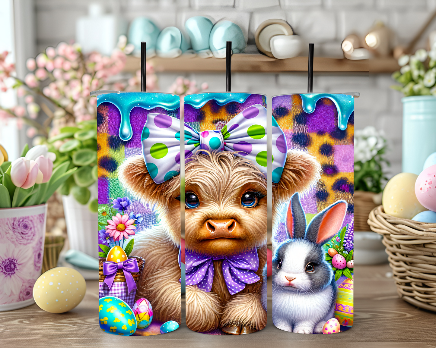 Purple Turquoise Easter Highland Cow Tumbler