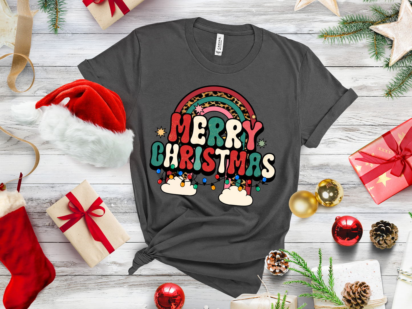 Retro Merry Christmas with Lights and Rainbow