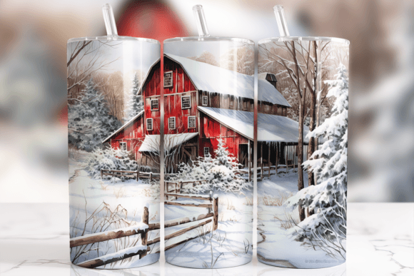 Snowy Red Barn Christmas Sublimation Tumbler