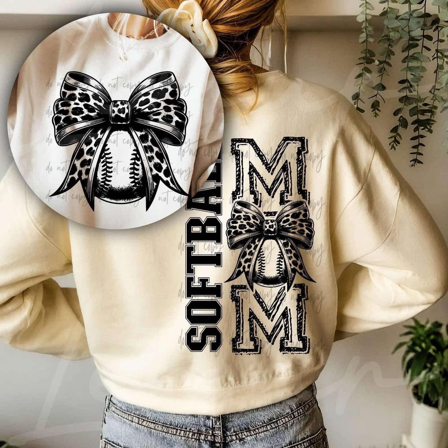 Softball Mom BLK Leopard Bow (Pocket/Back)