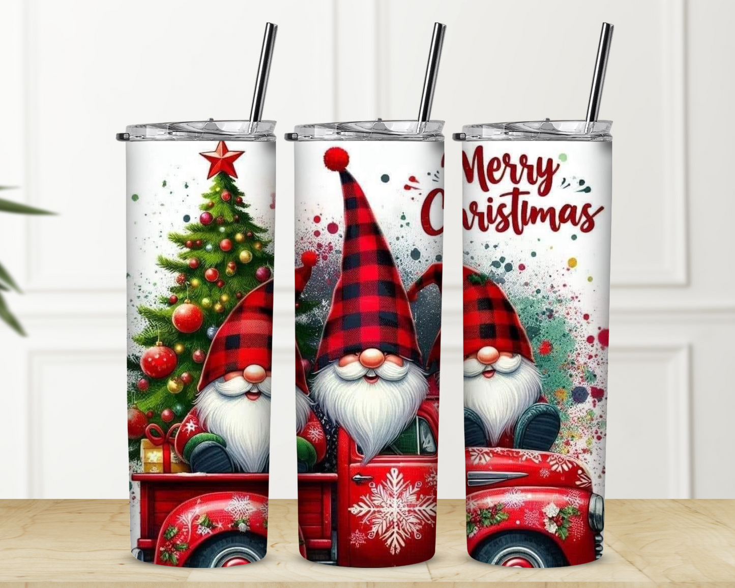 Trio of Gnomes in Red Truck Merry Christmas Sublimation Tumbler