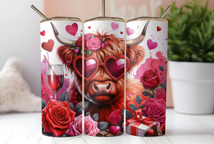 Valentine Highland Cow Sublimation Tumbler
