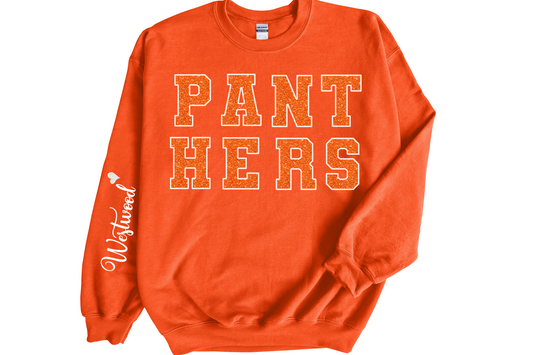 Panthers in Orange White Outline with White Westwood on Sleeve