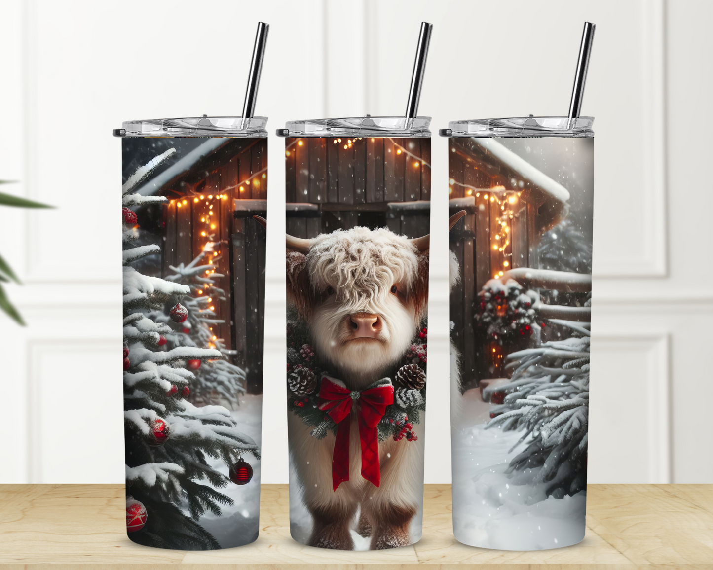 Winter Highland Cow and Barn Sublimation Tumbler