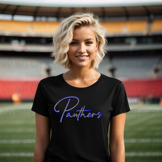 Oakwood Panthers Script Gold with Blue Outline