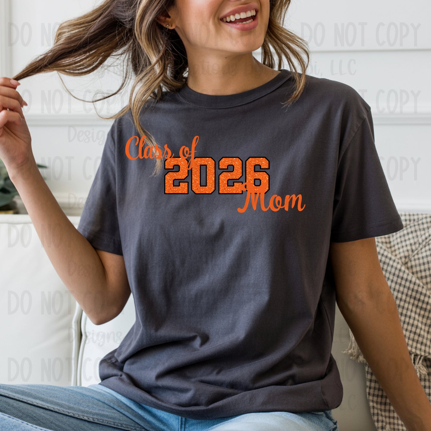 Class of 2026 Mom Faux Glitter/Embroidery Orange with Black Outline and Orange Font