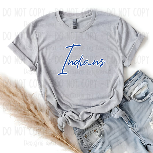 Frankston Indians Script Blue with White Outline
