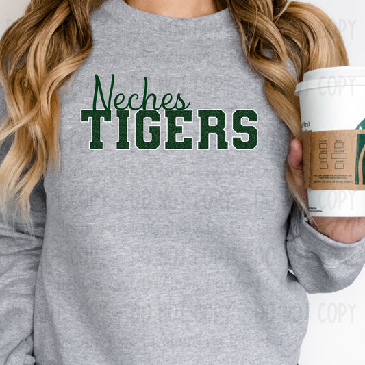 Neches Tigers Faux Green Glitter with White Outline
