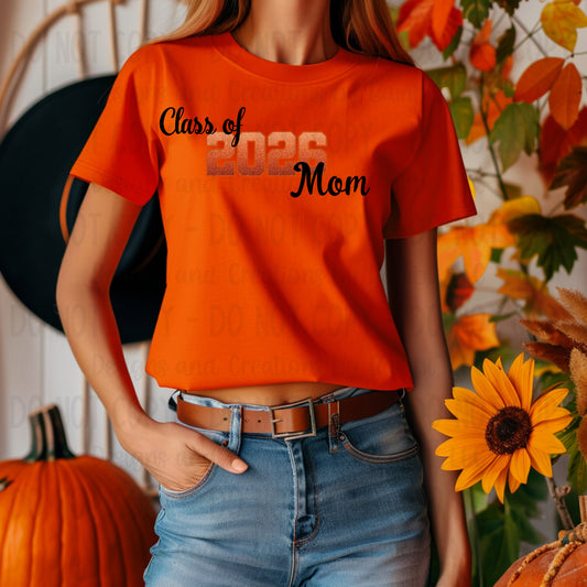 Class of 2026 Mom Faux Glitter/Embroidery Orange with Orange Outline and Black Font