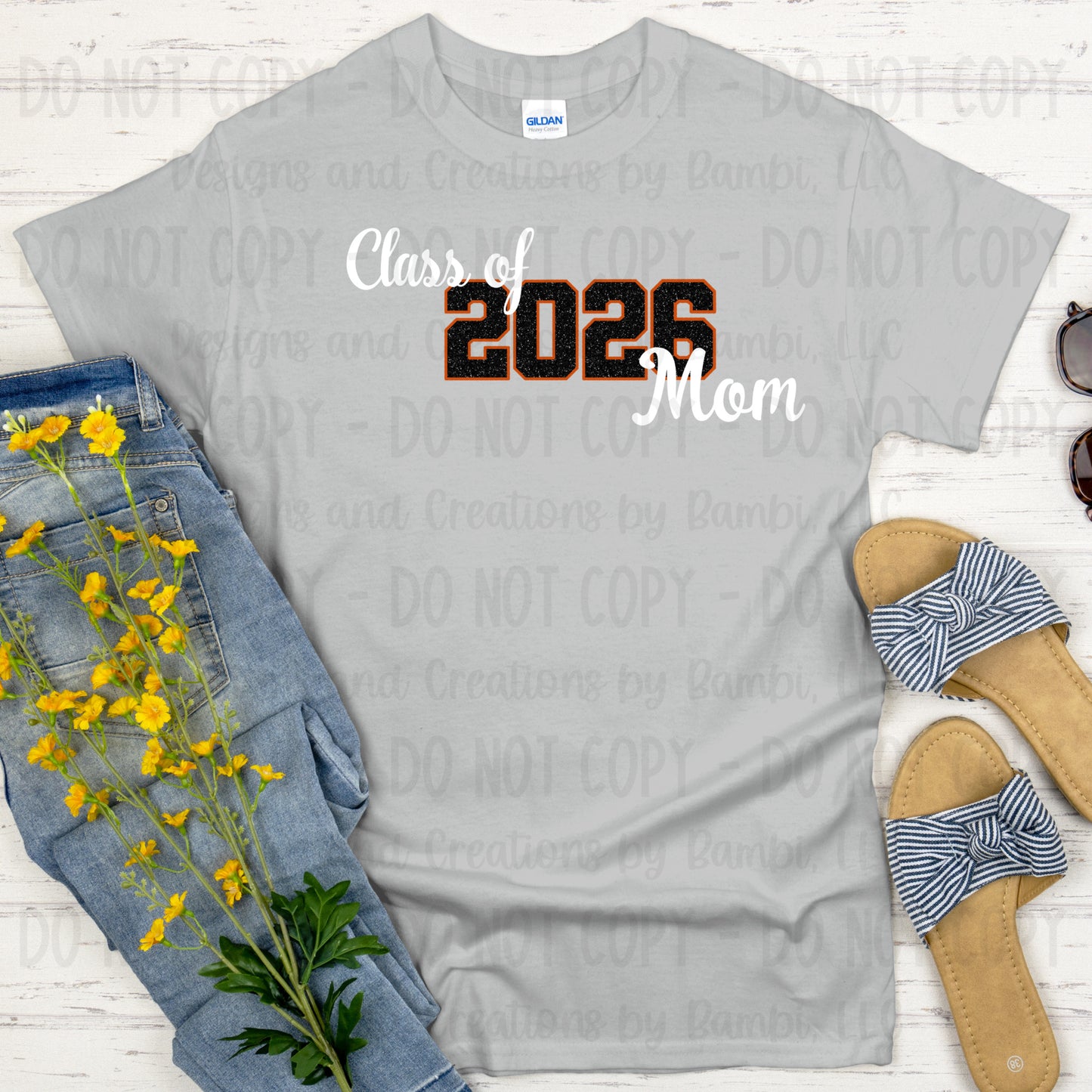 Class of 2026 Mom Faux Glitter/Embroidery Black with Orange Outline and White Font