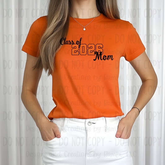 Class of 2026 Mom Faux Glitter/Embroidery Orange with Black Outline and Black Font