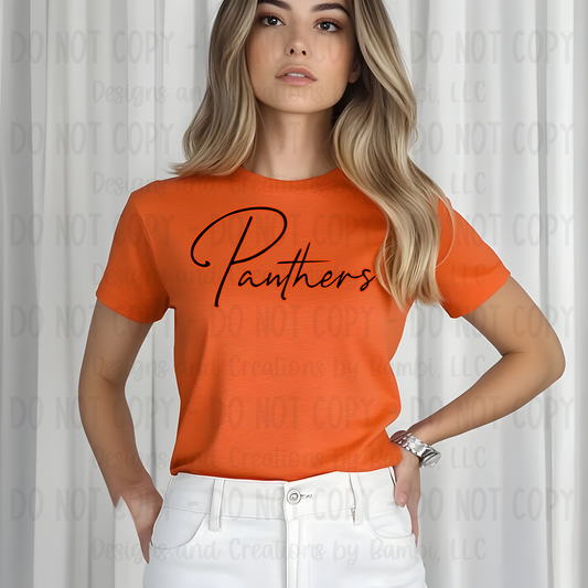 Westwood Panthers Script Black with Orange Outline