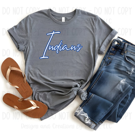 Frankston Indians Script White with Blue Outline