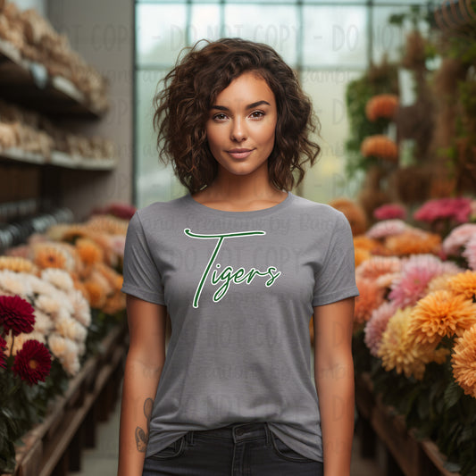 Latexo Tigers Script Green with White Outline