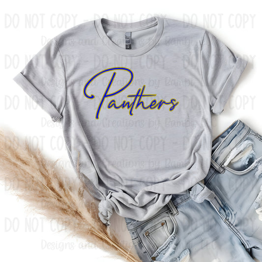Oakwood Panthers Script Blue with Gold Outline