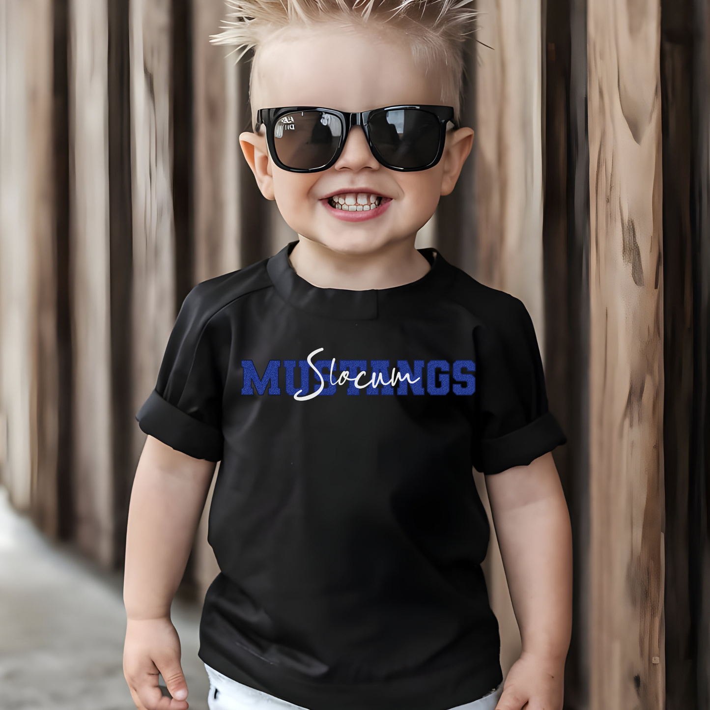 Slocum Mustangs in Faux Blue Glitter with White Overlay