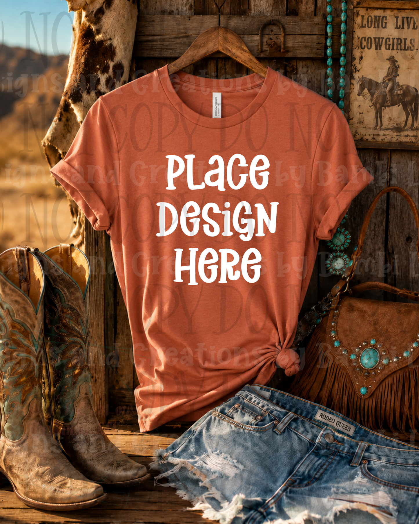 Hanging Western Scene Apparel Mock Ups (Bella Canvas and Gildan Brand)