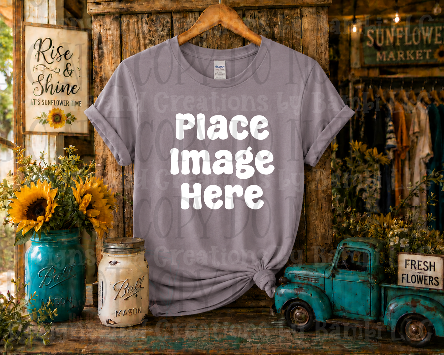 Rustic Boutique Sunflower Hanging Apparel Mock Ups (Various Brands)