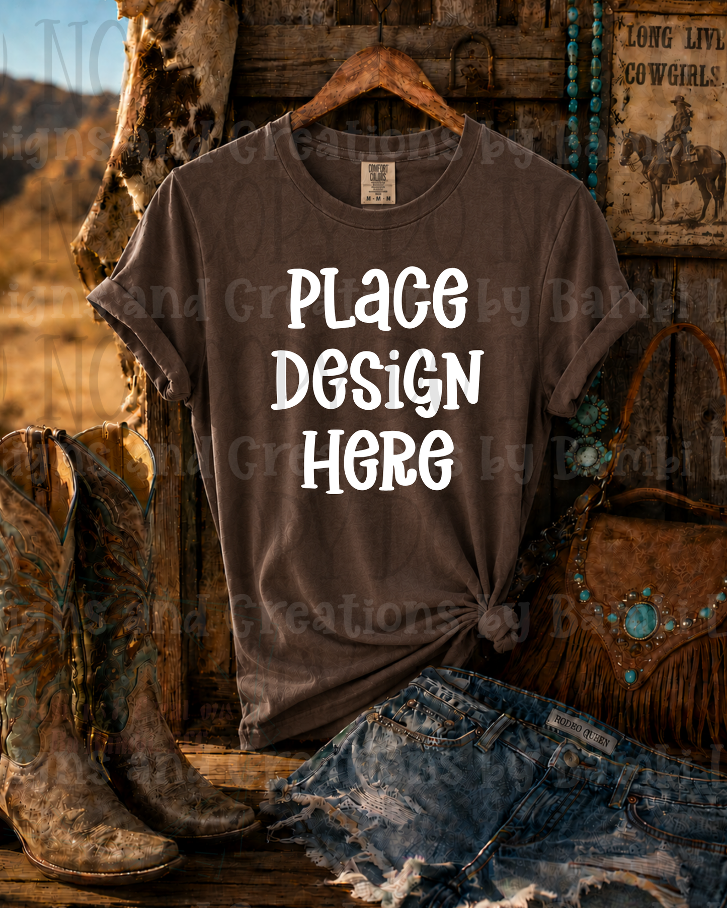 Hanging Western Scene Apparel Mock Ups (Bella Canvas and Gildan Brand)