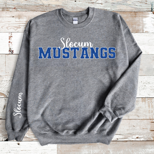 Slocum Mustangs Faux Blue Glitter White Outline Slocum White in Sleeve Print