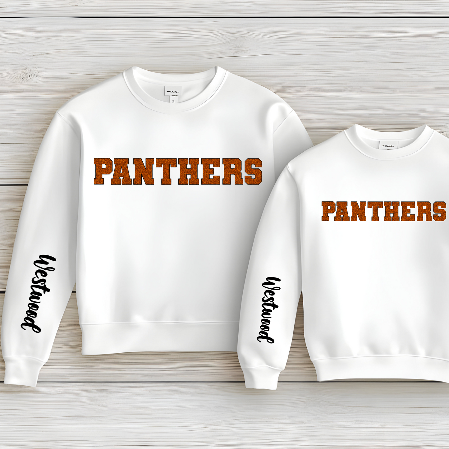 Panthers in Faux Orange Glitter with Black Outline- Westwood Black on Sleeve