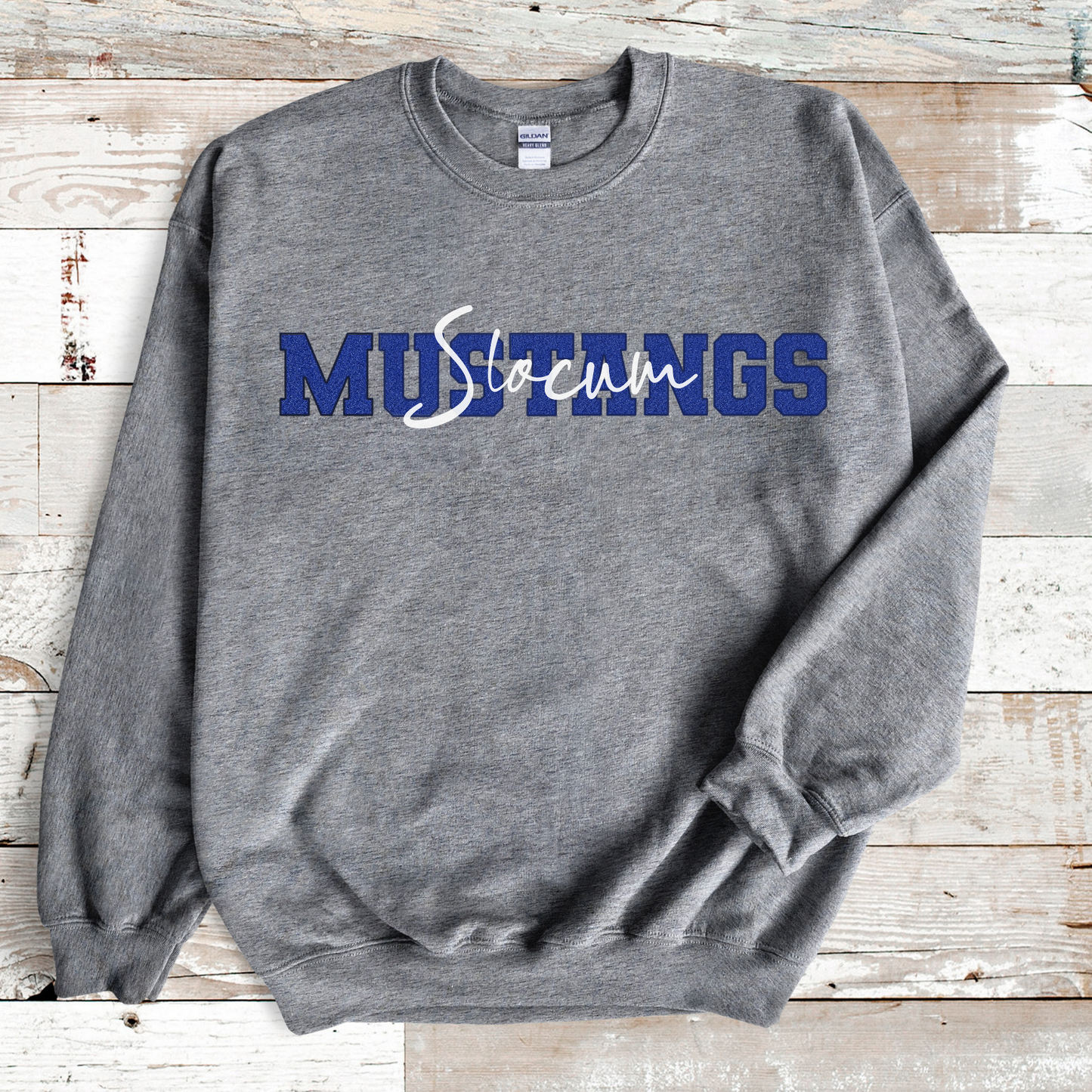 Slocum Mustangs in Faux Blue Glitter with White Overlay (Long Sleeve)