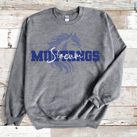 Slocum Mustangs in Faux Blue Sequin with Mustang in Background (Long Sleeve)