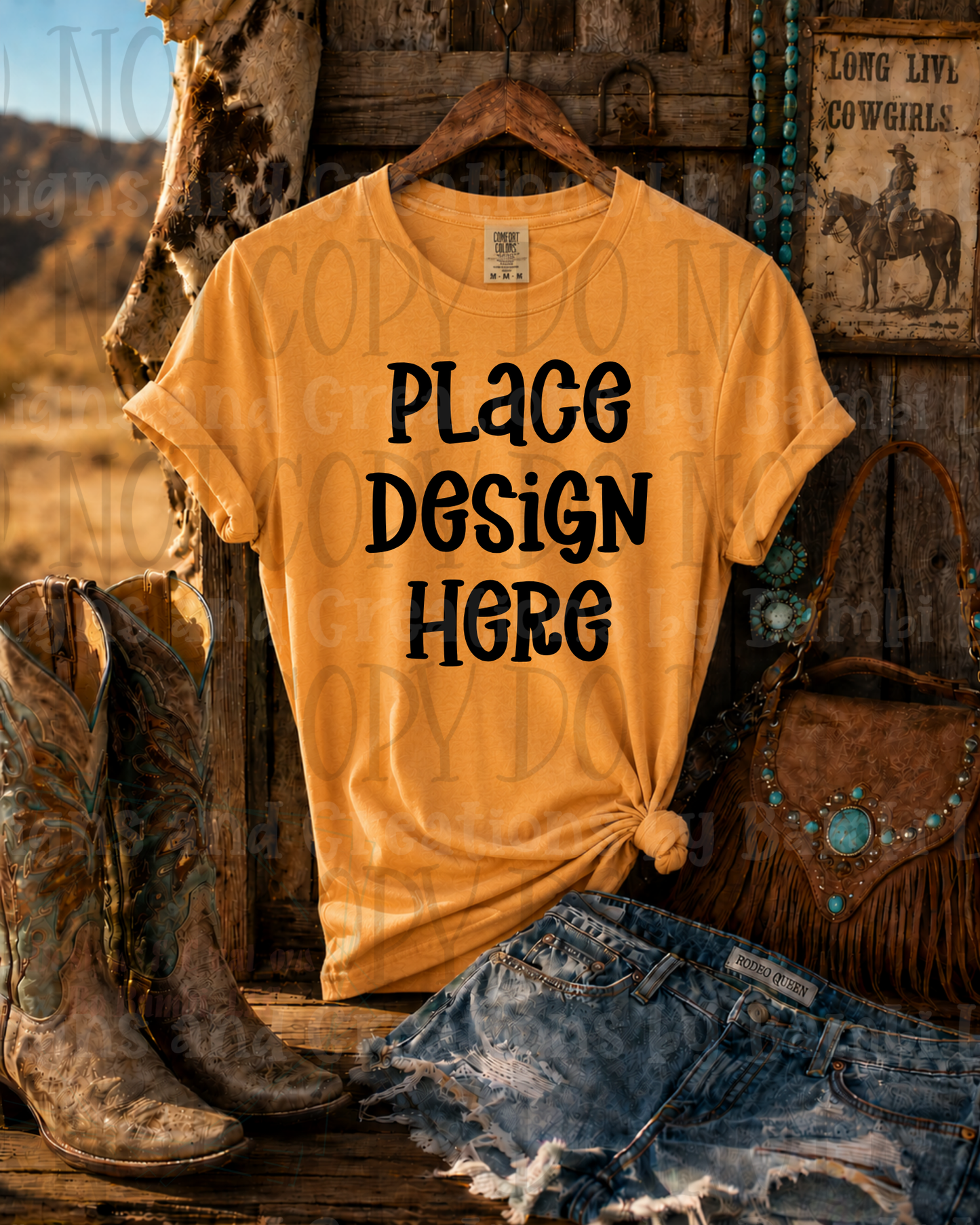 Hanging Western Scene Apparel Mock Ups (Bella Canvas and Gildan Brand)