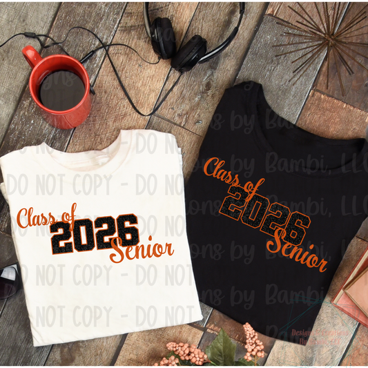 Class of 2026 Senior Faux Glitter Black with Orange Outline and Black Font