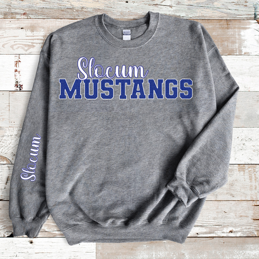 Slocum Mustangs faux Blue Glitter Blue Outline with Sleeve Print