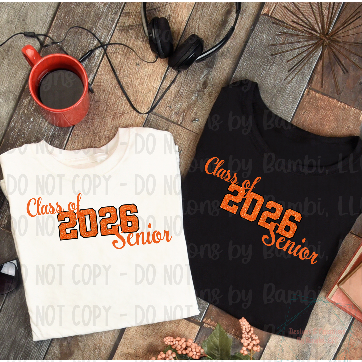 Class of 2026 Senior Faux Glitter Orange with Black Outline and Orange Font