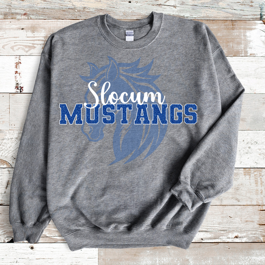 Slocum Mustangs Faux Blue Glitter White Outline Mustang in Background (Long Sleeve)