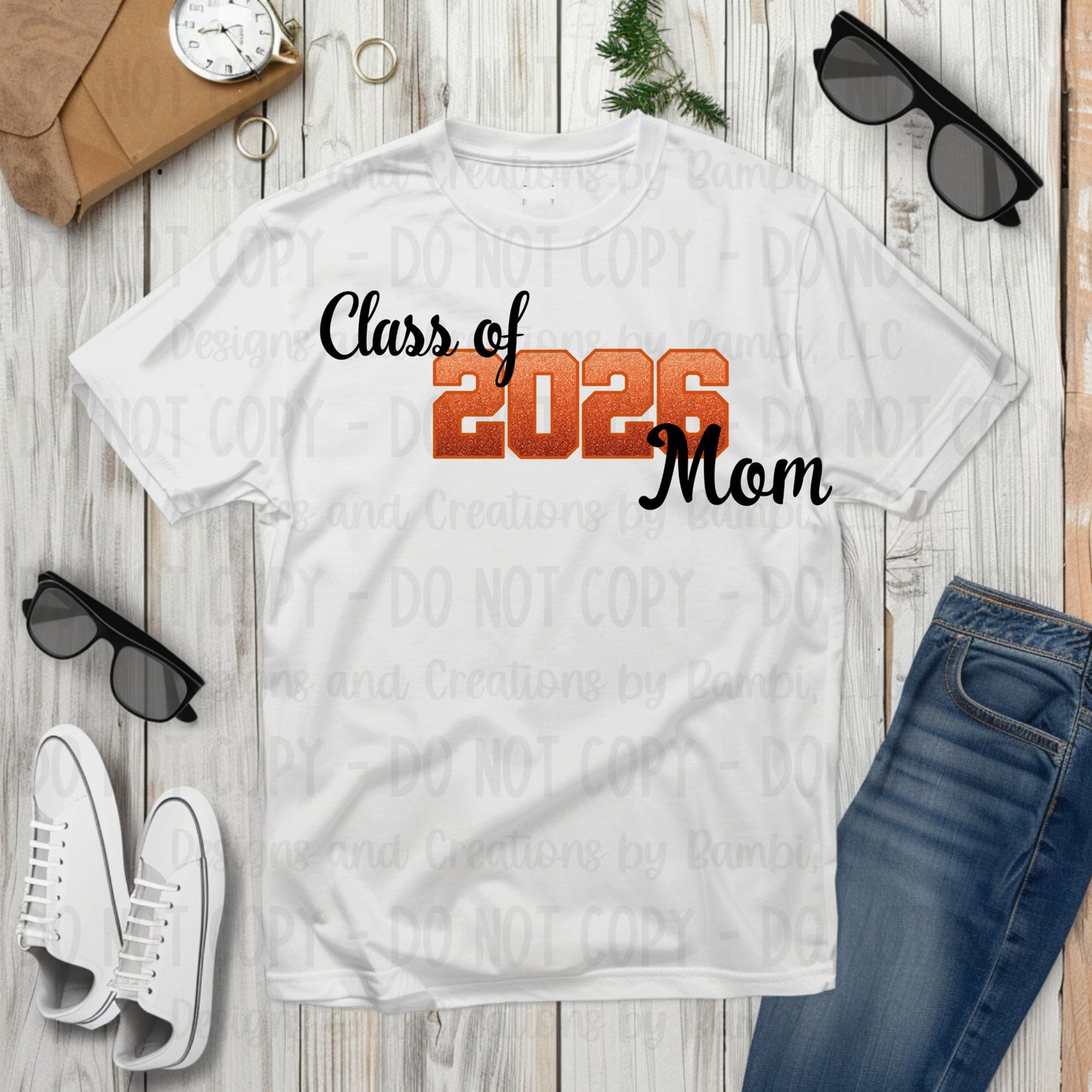 Class of 2026 Mom Faux Glitter/Embroidery Orange with Orange Outline and Black Font