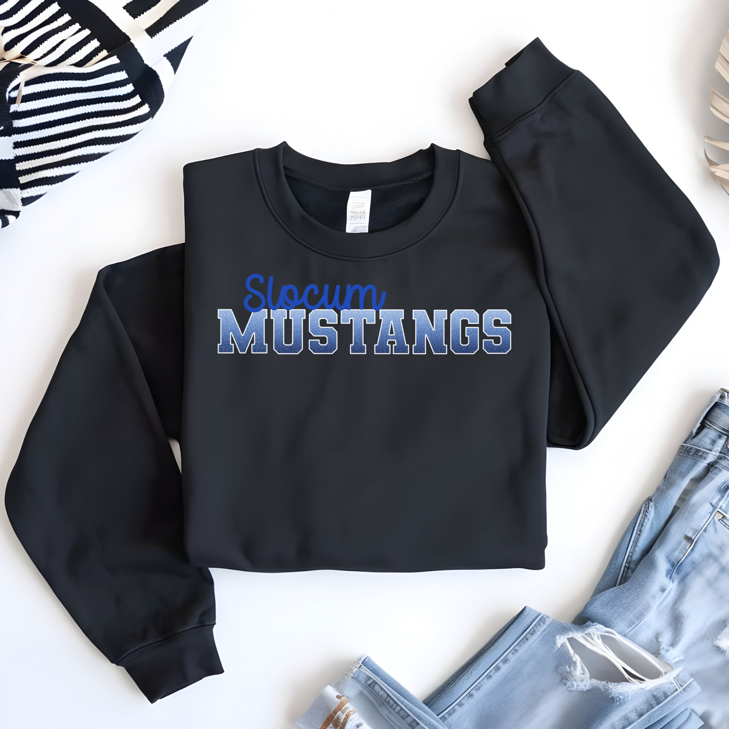 Slocum Mustangs in Faux Ombre Blue Glitter with Blue Font (Long Sleeve)