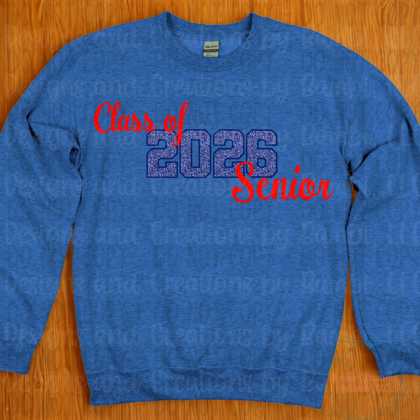 Class of 2026 Senior Faux Glitter Blue with Blue Outline and Red Font