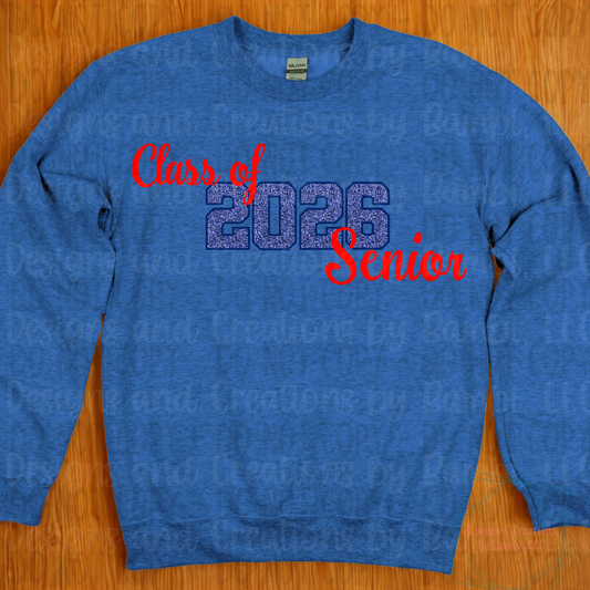 Class of 2026 Senior Faux Glitter Blue with Blue Outline and Red Font