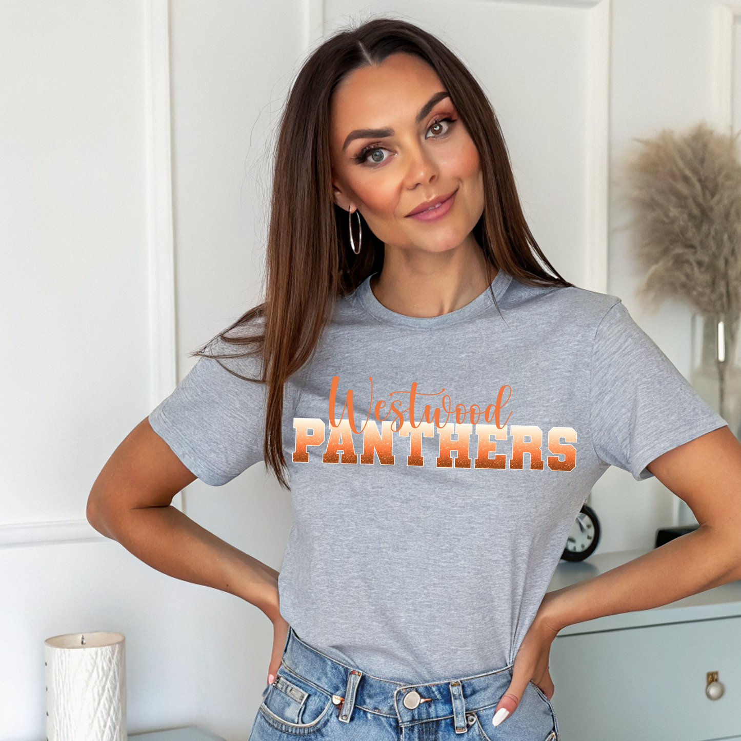Panthers in Ombre Orange Faux Glitter with White Outline/ Westwood in Orange Font
