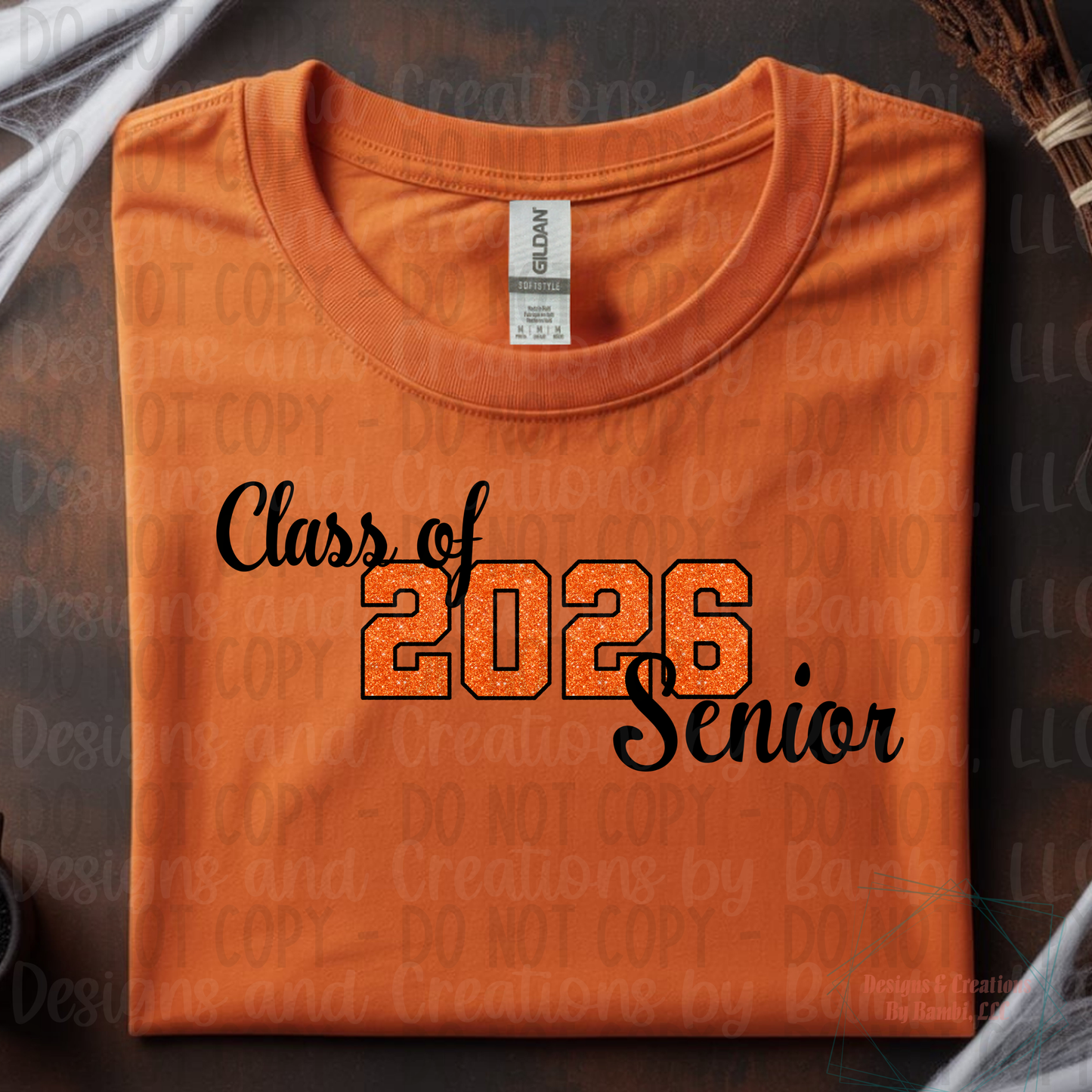 Class of 2026 Senior Faux Glitter Orange with Black Outline and Black Font