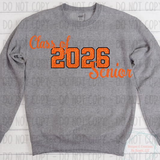 Class of 2026 Senior Faux Glitter Orange with Black Outline and Orange Font