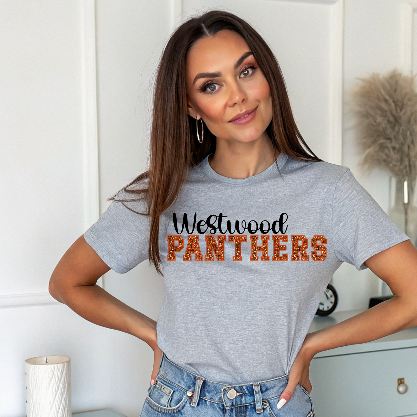 Westwood Panthers in Faux Orange Sequin with Orange Outline