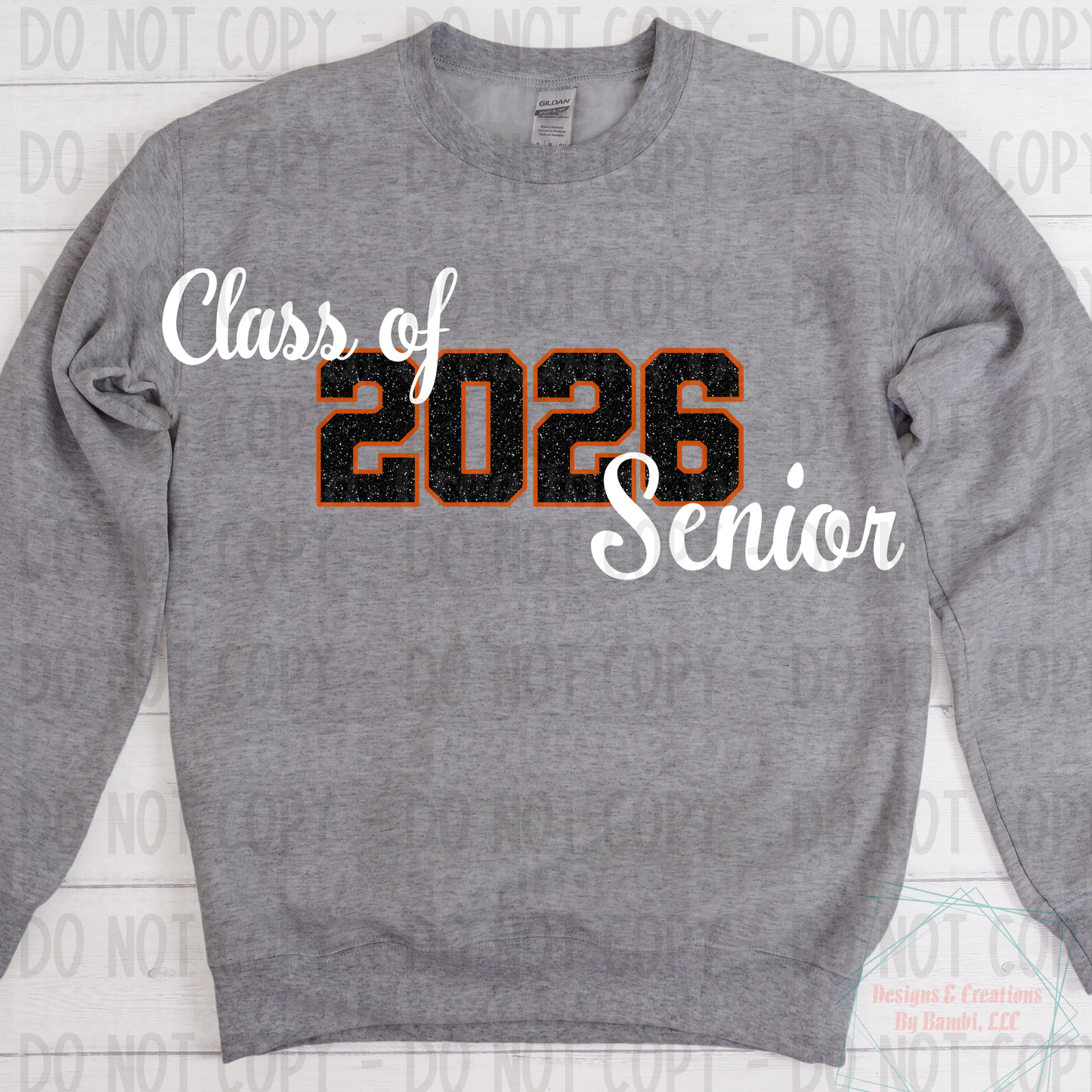 Class of 2026 Senior Faux Glitter Black with Orange Outline and White Font