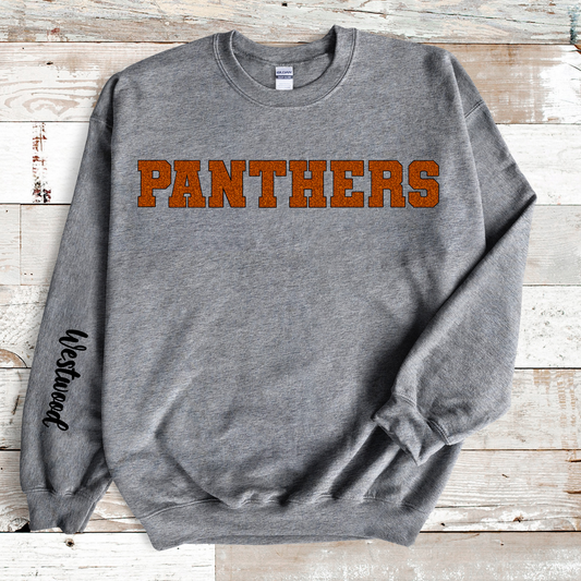 Panthers in Faux Orange Glitter with Black Outline- Westwood Black on Sleeve