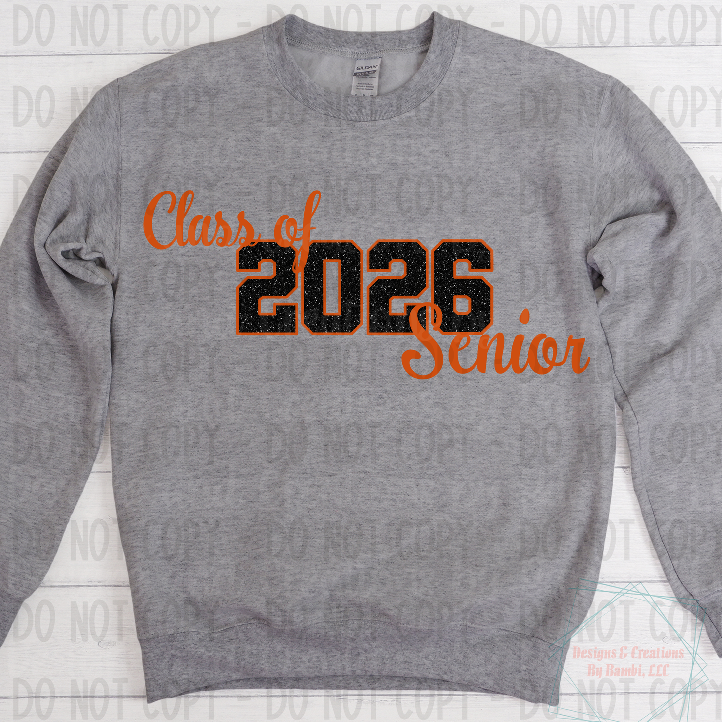 Class of 2026 Senior Faux Glitter Black with Orange Outline and Black Font