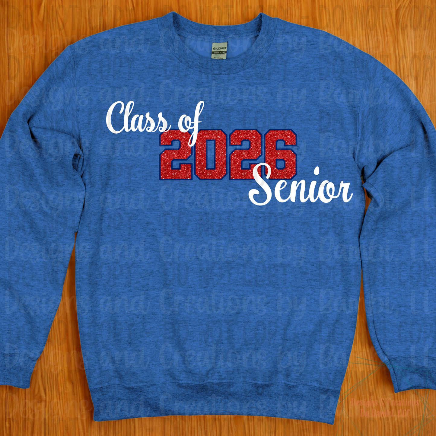 Class of 2026 Senior Faux Glitter Red with Blue Outline and White Font
