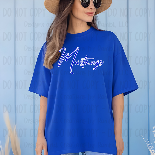 Slocum Mustangs Script Blue with White Outline