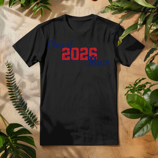 Class of 2026 Mom Faux Glitter/Embroidery Red with Blue Outline and Blue Font