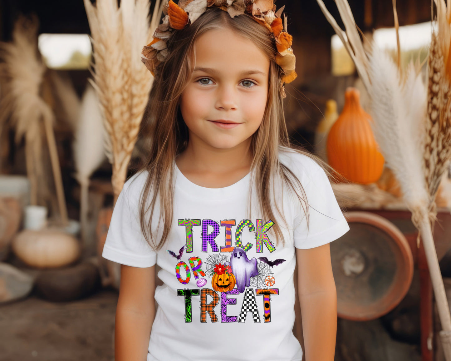 Trick or Treat with Ghost and Pumpkin Completed Shirt- Kid